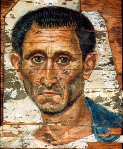 Portræt af en midaldrende mand i en blå kappe, romano-egyptisk mumieportræt, slutningen af det 1. århundrede af Unbekannt