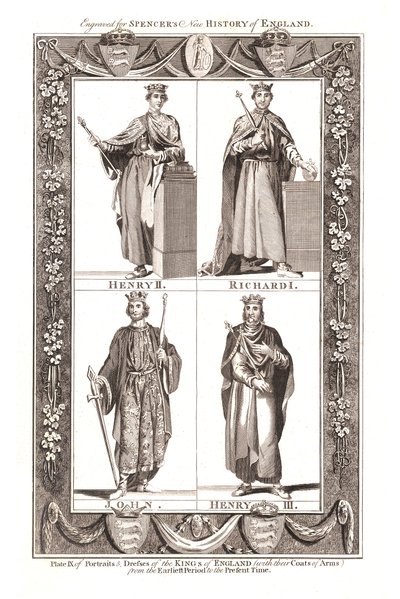 Portrætter og kjoler af The Kings of England med våbenskjolde, 1784 af Unbekannt