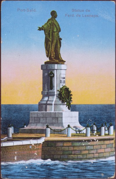 Postkort, der forestiller statuen af Ferdinand de Lesseps ved Port Said Harbour, begyndelsen af det tyvende århundrede (farve litho) (efter et foto) af Unbekannt