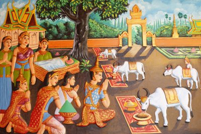 Preah Prom Rath Monastery Life of the Buddha Den unge Siddhartha Gautama og hans mor under en bondefestival, Siem Reap, Cambodia af Unbekannt