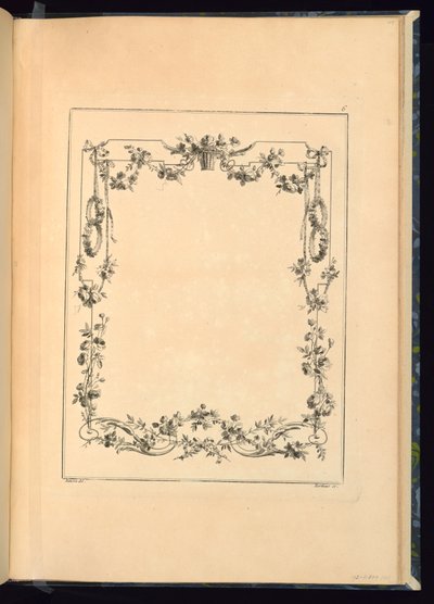 Print, Pl. 6 af 18. kartelbog og trofæer af Ransons værk fra Works, der indeholder en samling trofæer, attributter, cartoucher, vaser, blomster, ornamenter og flere behagelige designs til brodering af lænestole; komponeret og designet af Ranson af Unbekannt