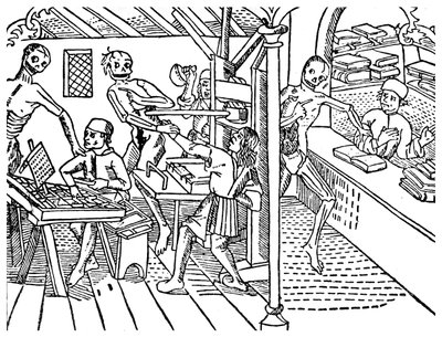 Printworkers chikaneret af skeletter, 1499 1956 af Unbekannt