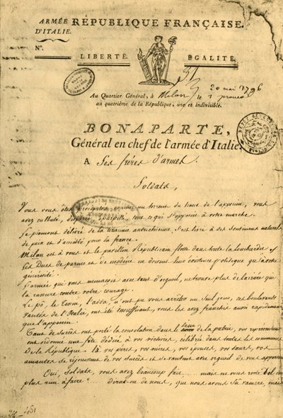 Proklamation af Napoleon til sine våbenbrødre, 20. maj 1796, 1921. af Unbekannt