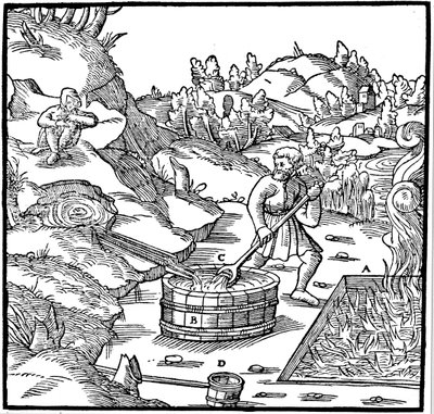 Fremstilling af salt ved at fordampe naturlig saltlage ved at hælde den i en grube med brændende trækul, 1556 af Unbekannt