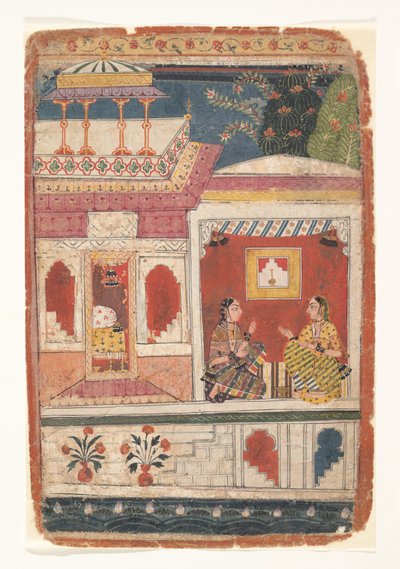 Radha og hendes fortrolige sidder i et åbent rum: Side fra en spredt Rasikapriya, ca. 1680-90. af Unbekannt