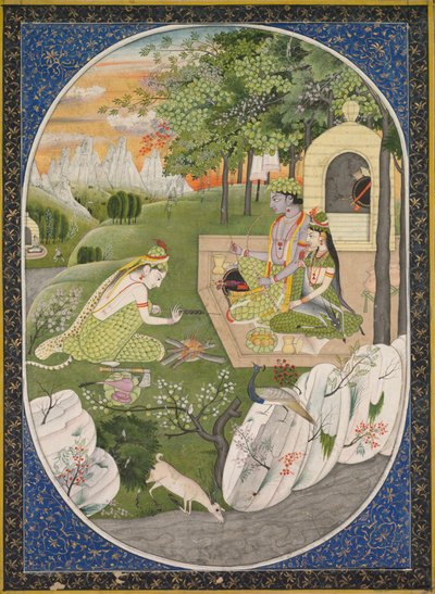 Rama, Sita og Lakshmana i skoven, side fra Ramayana Tales of God Rama, ca. 1830. af Unbekannt