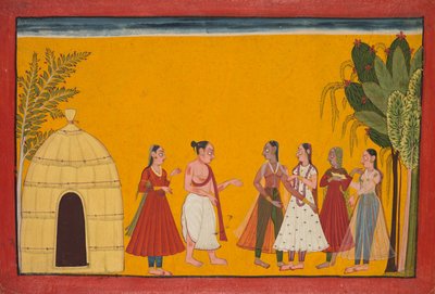 Rama og Sita bliver ført til præsten for at fastsætte bryllupsdatoen, side fra Ramayana..., c1700-17 af Unbekannt