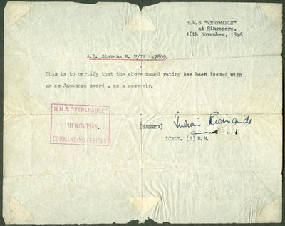 Kvittering for et tidligere japansk sværd, HMS Venerable, Singapore, 1946 af Unbekannt