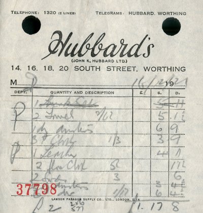 Kvittering fra Hubbards stormagasin, 1921. af Unbekannt