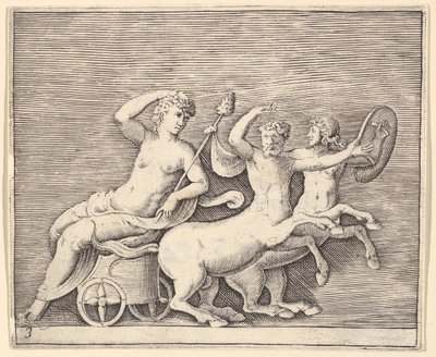 Liggende kvindefigur på en vogn tegnet af to kentaurer, udgivet ca. 1599-1622. af Unbekannt