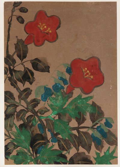 Røde og blå blomster og løv, Edo-perioden, 1615-1868. af Unbekannt