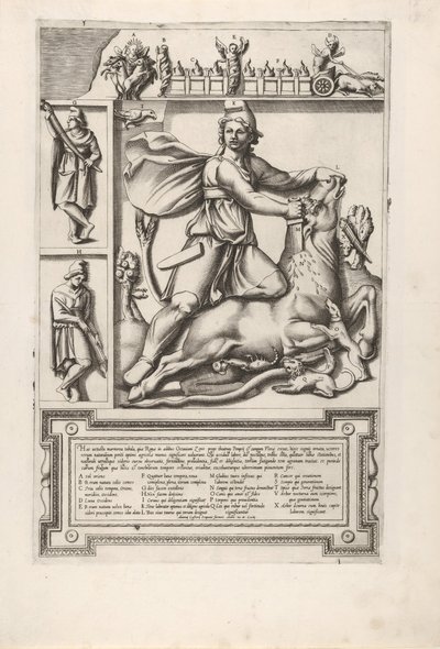Relief med Mithras, der knæler på en tyr og slår et sværd ind i dens skulder, til venstre tw..., 1564. af Unbekannt