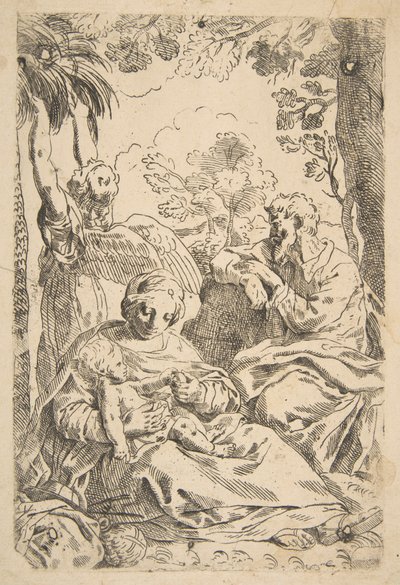 Hvil i Egypten, den hellige familie sidder, mens en engel trækker i en trægren..., ca. 1637-1639 eller senere. af Unbekannt