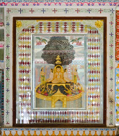Rigt dekoreret religiøs kunst i et værelse i Patwon ki Haveli palæ fra det 19. århundrede, Jaisalmer, Rajasthan, Indien (foto) af Unbekannt