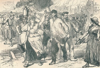 Oprørere og petroleuses, der affyrer offentlige bygninger i Paris under Pariserkommunen, 1871 1906 af Unbekannt