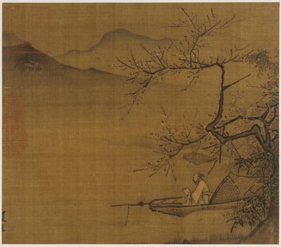 Flodlandskab: en mand, der læser i en båd fortøjet under et blomstrende træ, Ming-dynastiet, 1368-1644. af Unbekannt