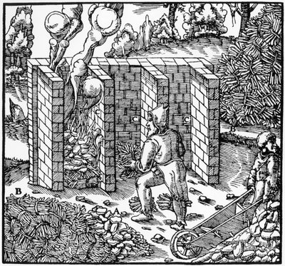 Ristning af kobbermalm i en ovn ved C, 1556 af Unbekannt