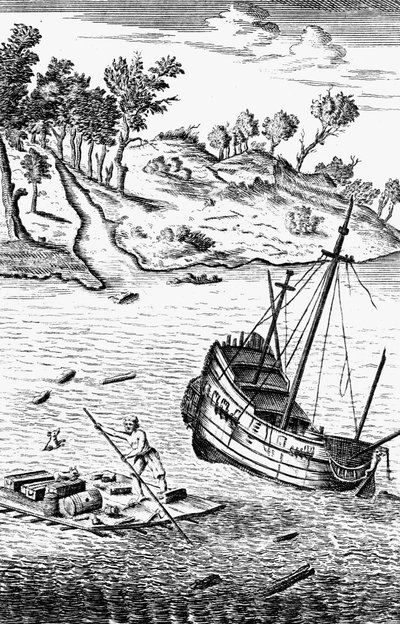 Robinson Crusoe redder sine varer ud af skibets vrag, c1719 af Unbekannt
