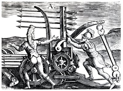 Romerske soldater, der bruger en krigsmotor, der affyrer flere pile, 1605 af Unbekannt