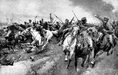 Russiske kosakker angriber den tyske hær, Østpreussen, Første Verdenskrig, 1914 af Unbekannt