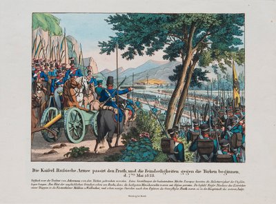 Russisk hær krydser Pruth-floden ind i Moldavien i maj 1828, ca. 1830 af Unbekannt