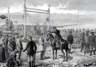 Russische Sträflinge unter militärischer Eskorte warten darauf, über den Fluss Jenissei, Sibirien, 1882, übergesetzt zu werden von Unbekannt