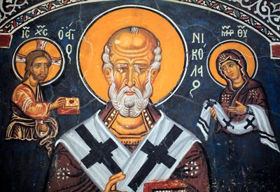 Sankt Nikolaus omgiver Kristus og Maria Byzantinsk freskomaleri fra det 14. århundrede (1332) Nathex, sydvæg Phorbiotissa Jomfrukirke, Asinou Unesco-sted Troodos-regionen, Cypern af Unbekannt