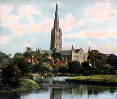Salisbury Cathedral set fra floden Avon, Salisbury, Wiltshire, begyndelsen af det 20. århundrede af Unbekannt