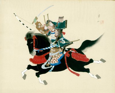 Samurai Warrior rider på en hest. Et japansk maleri på silke, i traditionel japansk stil af Unbekannt