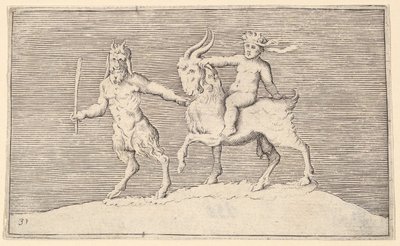 Satyr Leading Goat, som et spædbarn rider på, udgivet ca. 1599-1622. af Unbekannt