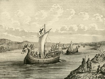 Skandinaviske fartøjer på vej op ad en flod, 1890. af Unbekannt