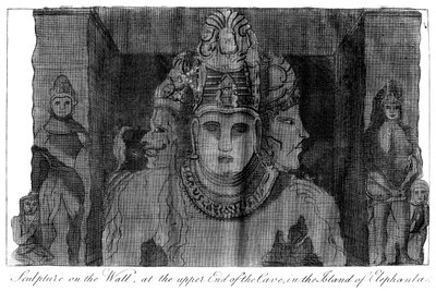 Skulptur på væggen i den øvre ende af hulen, Island of Elephanta, Indien, 1799 af Unbekannt