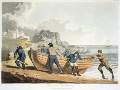 Sømænd, der trækker en klinkbygget jolle op på kysten, 1821 af Unbekannt