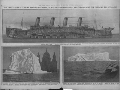 Snitdiagram af Titanic og isbjerge, 20. april 1912. af Unbekannt
