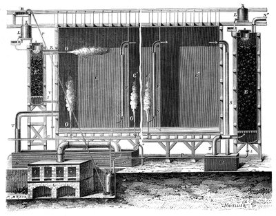 Snitbillede af Gay-Lussacs blykamre og absorptionstårne, 1870 af Unbekannt