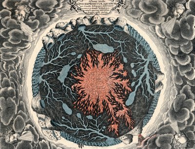 Udsnit af Jorden, der viser central ild og underjordiske kanaler forbundet med oceaner, 1665 af Unbekannt