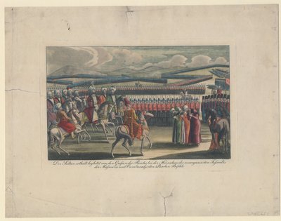 Selim III., Sultan der Türken, wird bei seiner neuen Infanterieüberprüfung auf dem Land begrüßt von Unbekannt