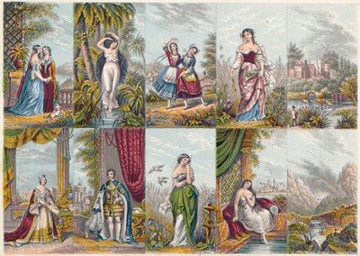 Serie af visninger og figurer, herunder et portræt af dronning Victoria og prins Albert, 1851 af Unbekannt