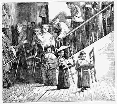 Shaker-samfundet går til middag, hver med deres egen Shaker-stol, New York State, 1870 af Unbekannt