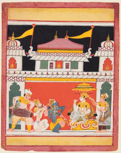Shri Raga, fra en Ragamala-serie, Tre musikere optræder foran en adelig, ca. 1650. af Unbekannt