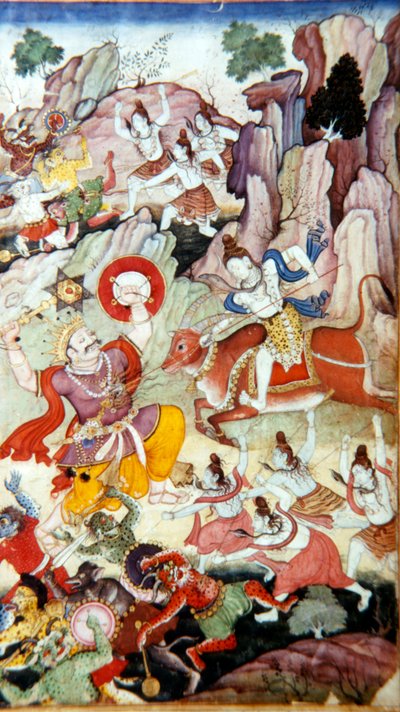 Siva ødelægger Dæmonen og Haka, Harivamsa manuskript, Mughal School, c1590 af Unbekannt
