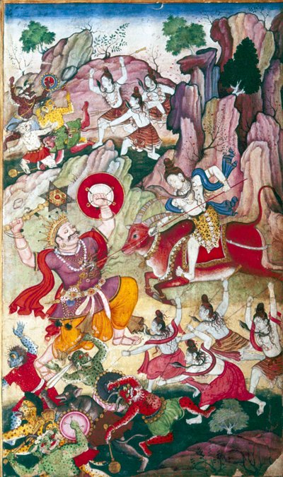 Shiv ødelægger Dæmonen Andhaka, Harivamsa Manuscript, Mughal, C1590. af Unbekannt