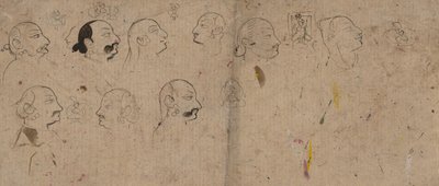 Skitseside med ansigtsstudier, sandsynligvis Maharao Kishor Singh, ca. 1830. af Unbekannt