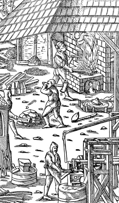 Smeltejern og hamrende stænger med en mekanisk hammer, 1556 af Unbekannt