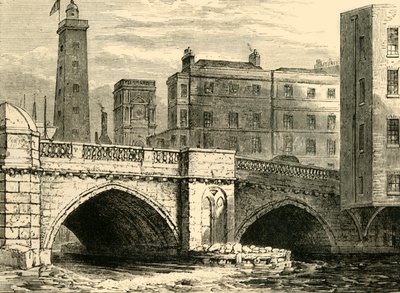 South End af Old London Bridge, med Shot Tower og St. Olaves Church, i 1820, c1878. af Unbekannt