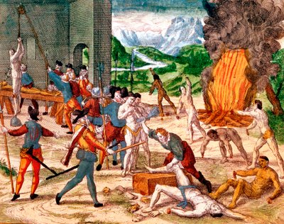 Spanske conquistadorer torturerer amerikanske indianere, 1539-1542 af Unbekannt