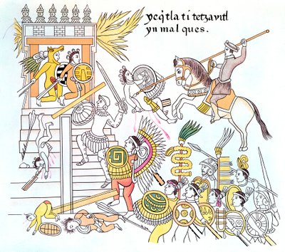 Spanish conquistadors with their native Tlazcalan allies attacking an Aztec temple, 16th century af Unbekannt