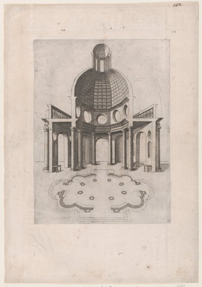 Mirror of Roman Magnificence: Interiør og grundplan af et ottekantet tempel, ..., 1500-tallet. af Unbekannt