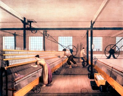 Spinde bomuld med selvvirkende muldyr af den type, Richard Roberts udtænkte i 1825 c1835 af Unbekannt