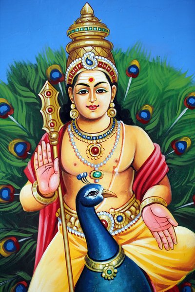Sri Mariamman hinduistiske tempel. Karthikeya Also Non Asa Murugan, Skanda og Subramanya Eyes the Hindu God Who War, 20160817, Singapore, Singapore af Unbekannt